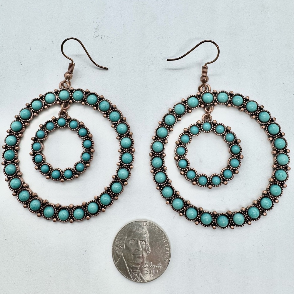 Fossil Copper and Faux Turquoise Hoops - Picture 2 of 2